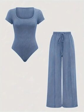 Blue Ribbed Bodysuit & Wide Leg Pants Two-Piece Set New Boutique
